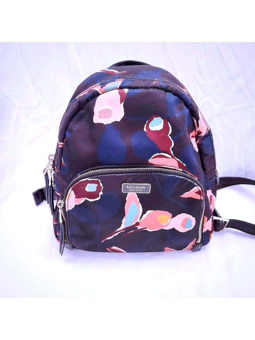 Kate Spade Black Nylon Floral DAWN PAPER ROSE Medium Backpack and KS Wallet